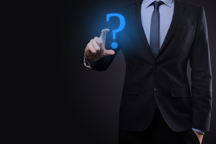 Foto hombre de negocios, asimiento de la mano, interfaz, signos de interrogación, señal, tela