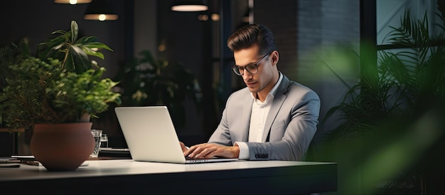 Hombre de negocios atractivo que usa una computadora portátil en el escritorio en la oficina moderna escribiendo en el teclado