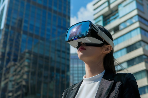 hombre de negocios en auriculares de realidad virtual caminando con el fondo del edificio