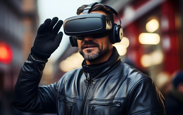 Un hombre de negocios con auriculares VR explora el metaverso virtual en la ciudad y el mundo espacial Virtual real