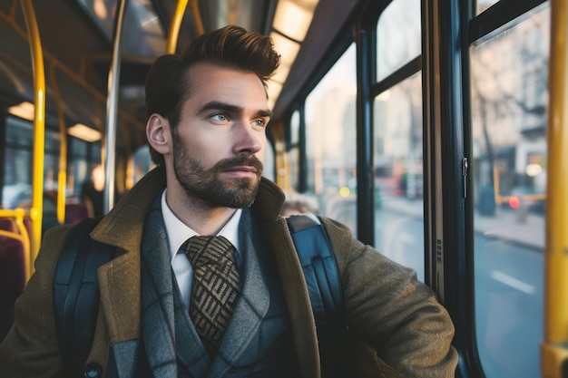 El hombre de negocios va en autobús al trabajo.