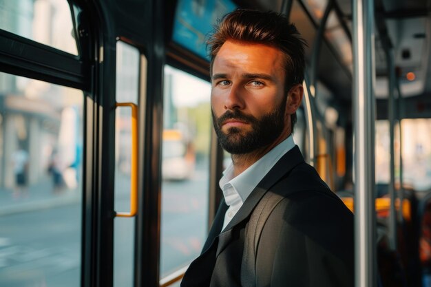 El hombre de negocios va en autobús al trabajo.