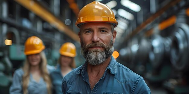 Hombre de negocios con barba y empleada caminando en el taller de producción con espacio de copia Taller de producción de concepto Hombre de negocio con barba empleada mujer espacio de copia