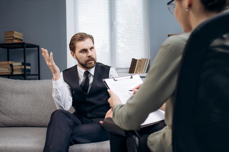Hombre de negocios barbudo compartiendo su estrés con psicólogo
