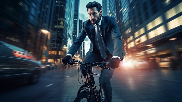 Un hombre de negocios en bicicleta acelera por la ciudad al atardecer
