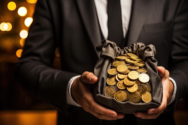 Un hombre de negocios con una bolsa llena de monedas de oro