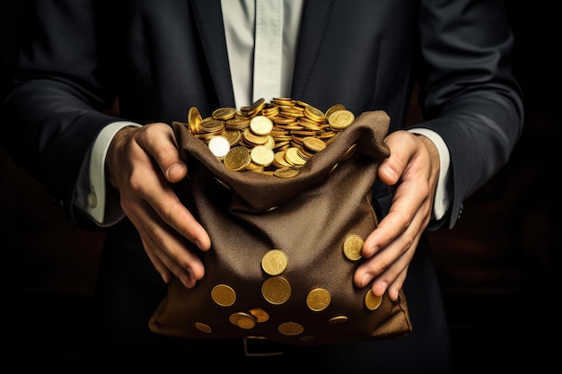 Un hombre de negocios con una bolsa llena de monedas de oro