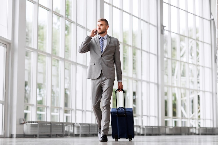 Foto hombre de negocios con bolsa de viaje llamando por teléfono inteligente