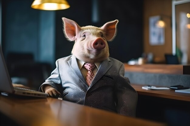 Foto hombre de negocios con cabeza de cerdo sonriendo y fumando con mucho dinero en la mesa retrato de un hombre gordo en un traje de negocios concepto mal corrupción