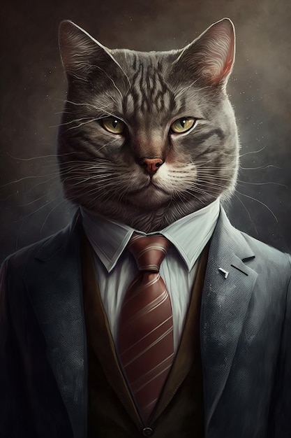 Hombre de negocios con cabeza de gato con chaqueta y corbata Collage de un gato jefe masculino Ilustración generativa de IA