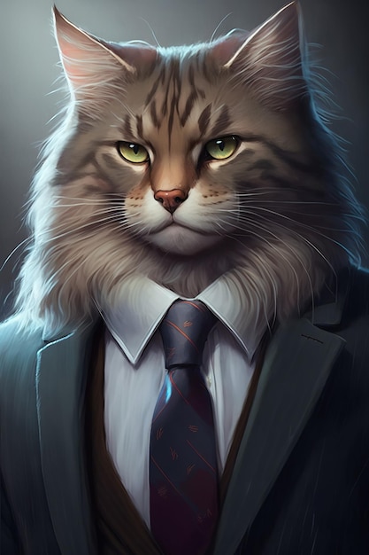 Hombre de negocios con cabeza de gato con chaqueta y corbata Collage de un gato jefe masculino Ilustración generativa de IA