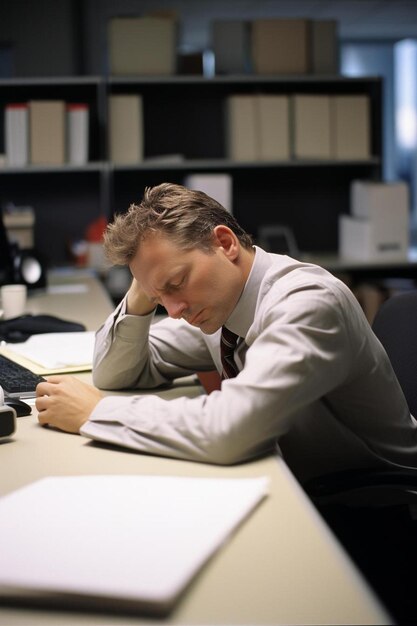 Foto hombre de negocios con la cabeza en la mano en el escritorio en la oficina