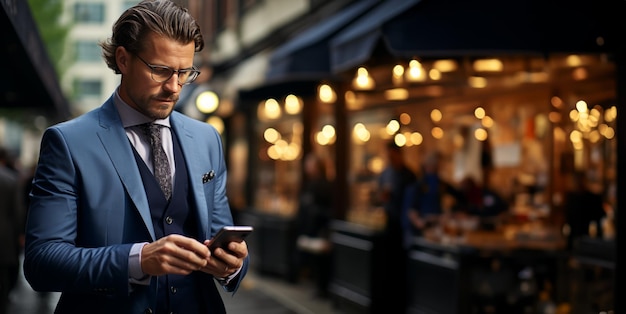 Foto hombre de negocios en la calle mirando un teléfono inteligente ia generativa