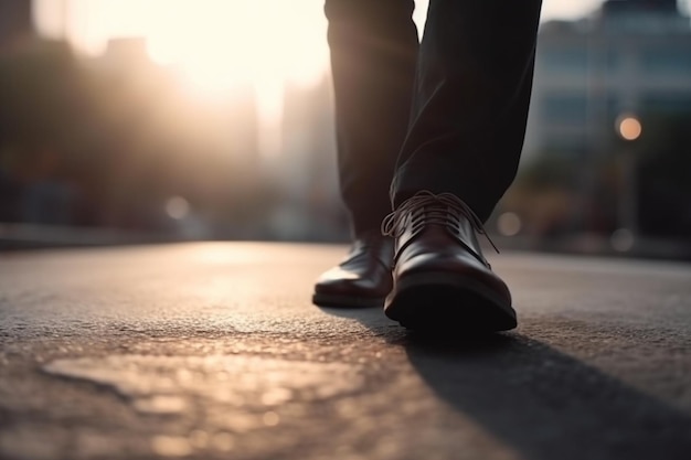 El hombre de negocios camina por la carretera y comienza al éxito cierra los zapatos caminando concepto de objetivo Generativo Ai