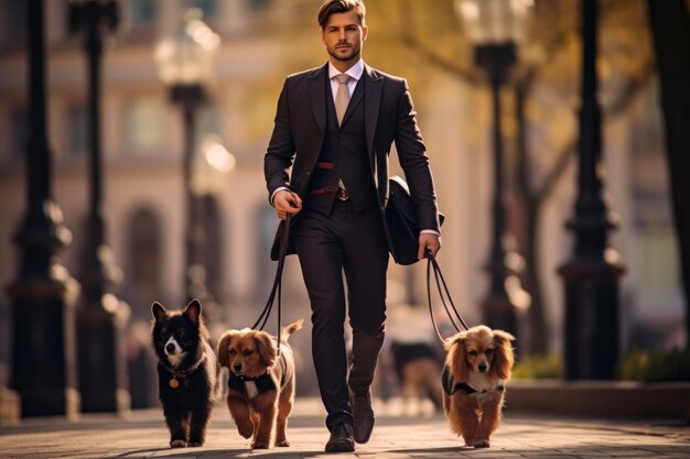 Foto un hombre de negocios camina con varios perros empleo y y multitarea