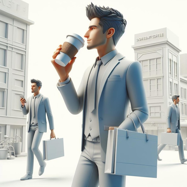 Foto hombre de negocios caminando y bebiendo café