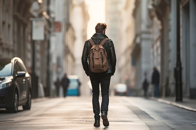 hombre de negocios caminando por la calle con su mochila