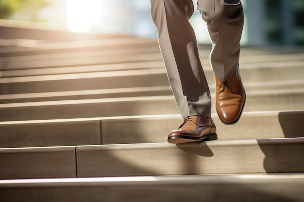 un hombre de negocios caminando por los escalones con fondo de estilo bokeh