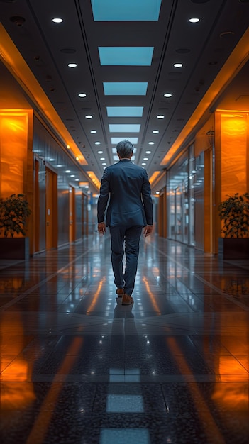 Foto un hombre de negocios caminando por un pasillo limpio de una oficina en el centro