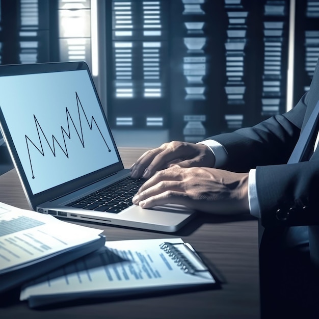 Hombre de negocios con camisa azul usando laptop generativa ai