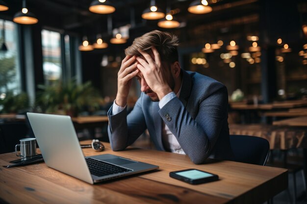 Un hombre de negocios cansado con la cabeza en las manos.