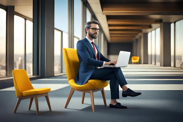 Foto un hombre de negocios de carácter 3d sentado en una silla con una computadora portátil con un concepto de negocio