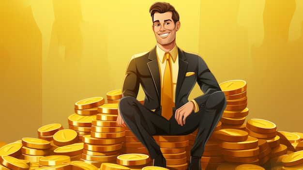 Un hombre de negocios con un cartel de monedas de oro con espacio de copia Persona ficticia IA generativa