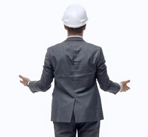 Foto hombre de negocios, en, casco, el mirar, blanco, blanco, pantalla, aislado, blanco