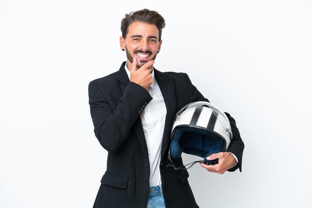 Hombre de negocios caucásico aislado sobre fondo blanco feliz y sonriente