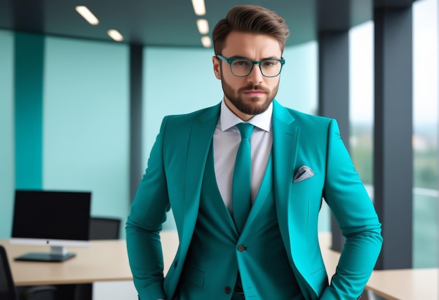 Un hombre de negocios caucásico confiado en un elegante traje turquesa posando en una oficina moderna ideal para la corporación