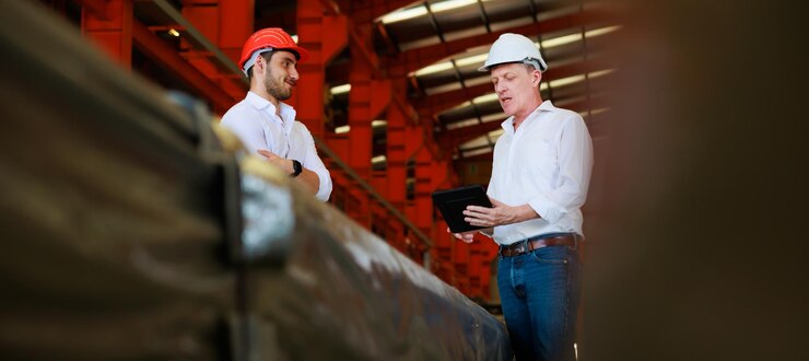 Hombre de negocios caucásico e ingeniero de fábrica hablando y discutiendo en el trabajador de la fábrica de fabricación de la industria pesada en casco de seguridad en las instalaciones industriales de la fábrica