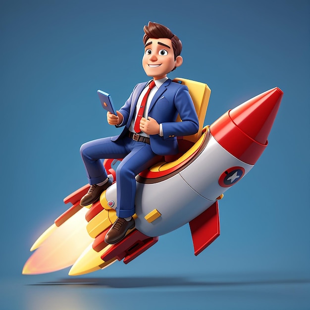 Hombre de negocios en un cohete Ilustración de personajes en 3D