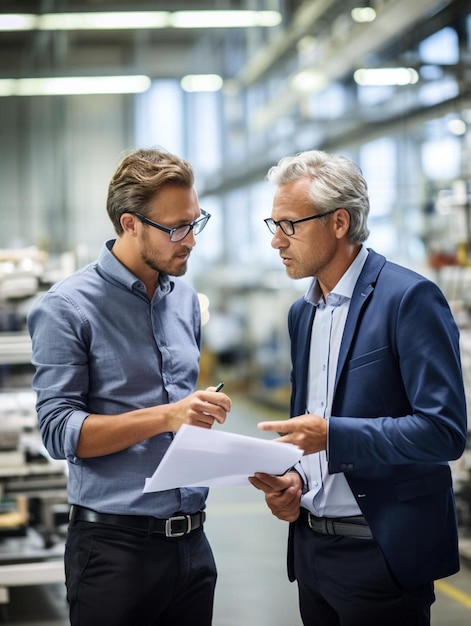 Foto hombre de negocios con un colega discutiendo en la fábrica