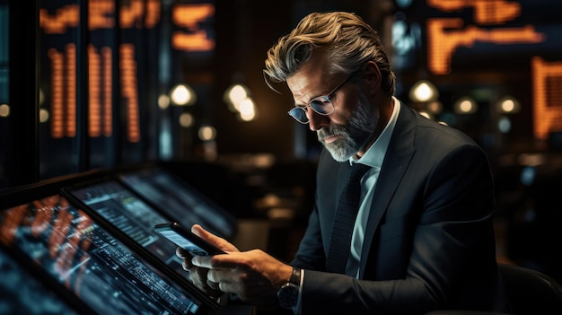 Un hombre de negocios comprobando la bolsa por teléfono.