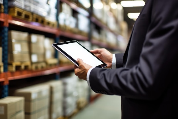 Hombre de negocios comprobando el inventario en el mercado en una tableta