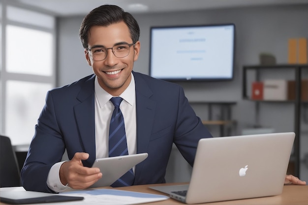 Foto hombre de negocios con una computadora portátil cara sorprendente aspecto inteligente confianza y una cara feliz