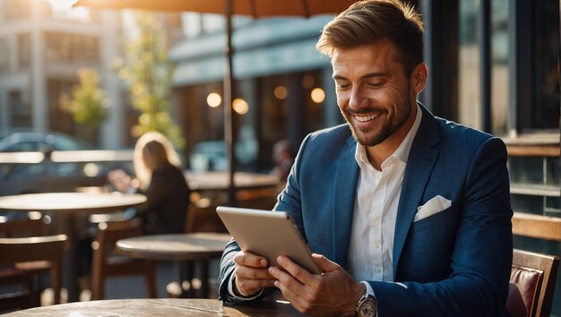 Un hombre de negocios con una computadora portátil o tableta trabaja en un café en la calle cerca de edificios de negocios modernos