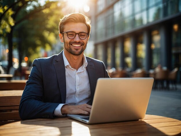 Un hombre de negocios con una computadora portátil o tableta trabaja en un café en la calle cerca de edificios de negocios modernos