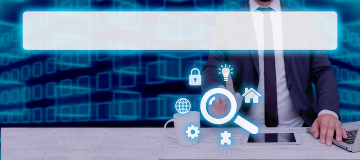 Foto hombre de negocios con computadora portátil y tableta apuntando a símbolos digitales y barra de búsqueda en busca de información en un hombre de diseño abstracto que verifica los procesos y conceptos de configuración