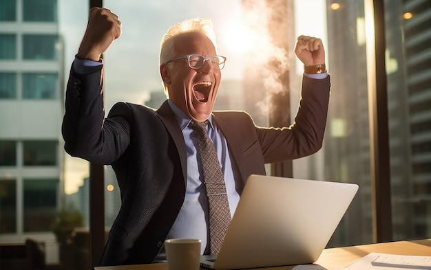 Foto hombre de negocios con una computadora portátil y una taza de café delante de él