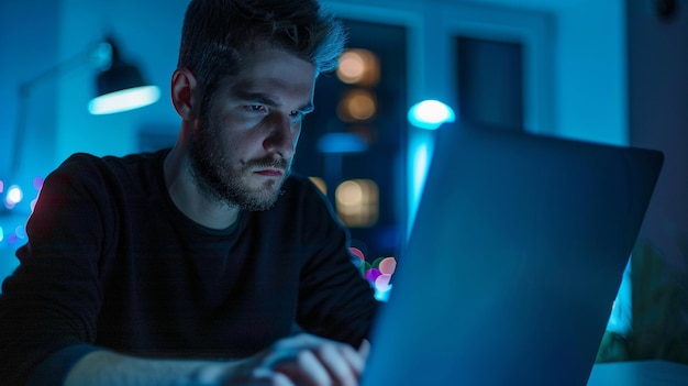 hombre de negocios con una computadora portátil y un teléfono inteligente en la ciudad nocturna