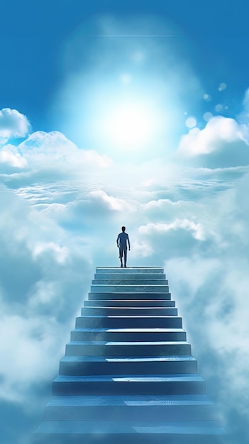 Hombre de negocios conceptual en 3D de pie en la escalera sobre las nubes con el sol