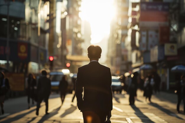 Un hombre de negocios confiado caminando por una concurrida calle de la ciudad con modernos edificios de oficinas y un paisaje urbano borroso en el fondo