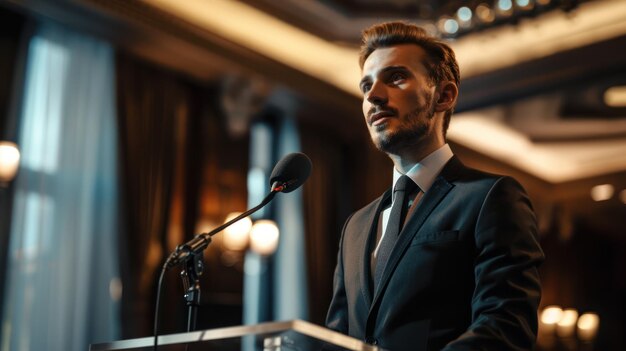 Foto un hombre de negocios confiado dando un poderoso discurso en un podio