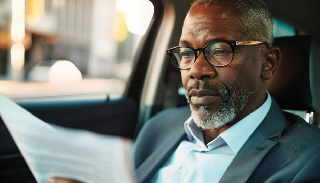 Un hombre de negocios confiado leyendo documentos en el coche.