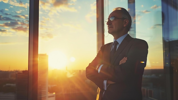 Foto un hombre de negocios confiado mirando el paisaje de la ciudad desde la ventana de su oficina al atardecer