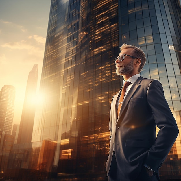 Hombre de negocios confiado de pie en la ciudad moderna y soñando con el futuro éxito comercial