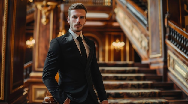 Un hombre de negocios confiado de pie en una elegante escalera