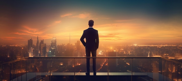 Un hombre de negocios confiado de pie en el techo del edificio mientras mira la silueta del paisaje urbano