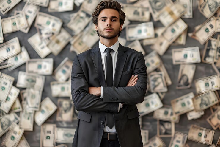 Un hombre de negocios confiado posando contra una pared de dinero
